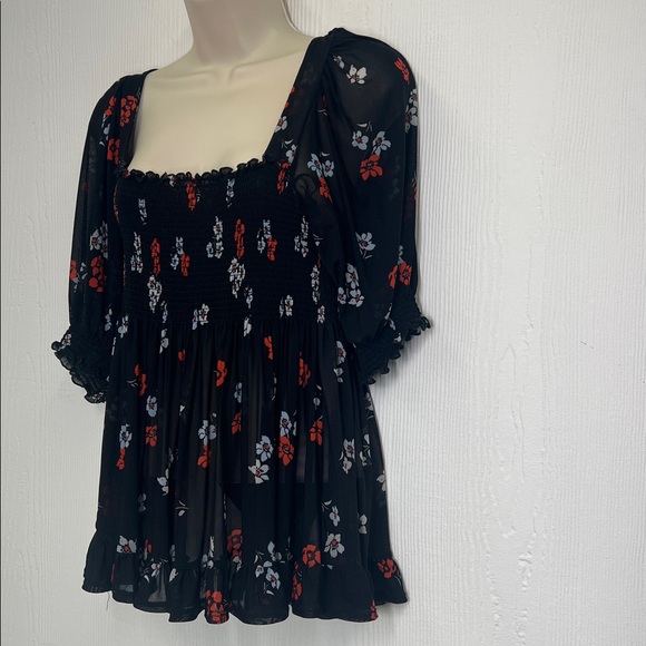 Free People - Delta Dawn Midnight Combo Colorful Floral Mesh Blouse SZ Medium - Picture 6 of 10